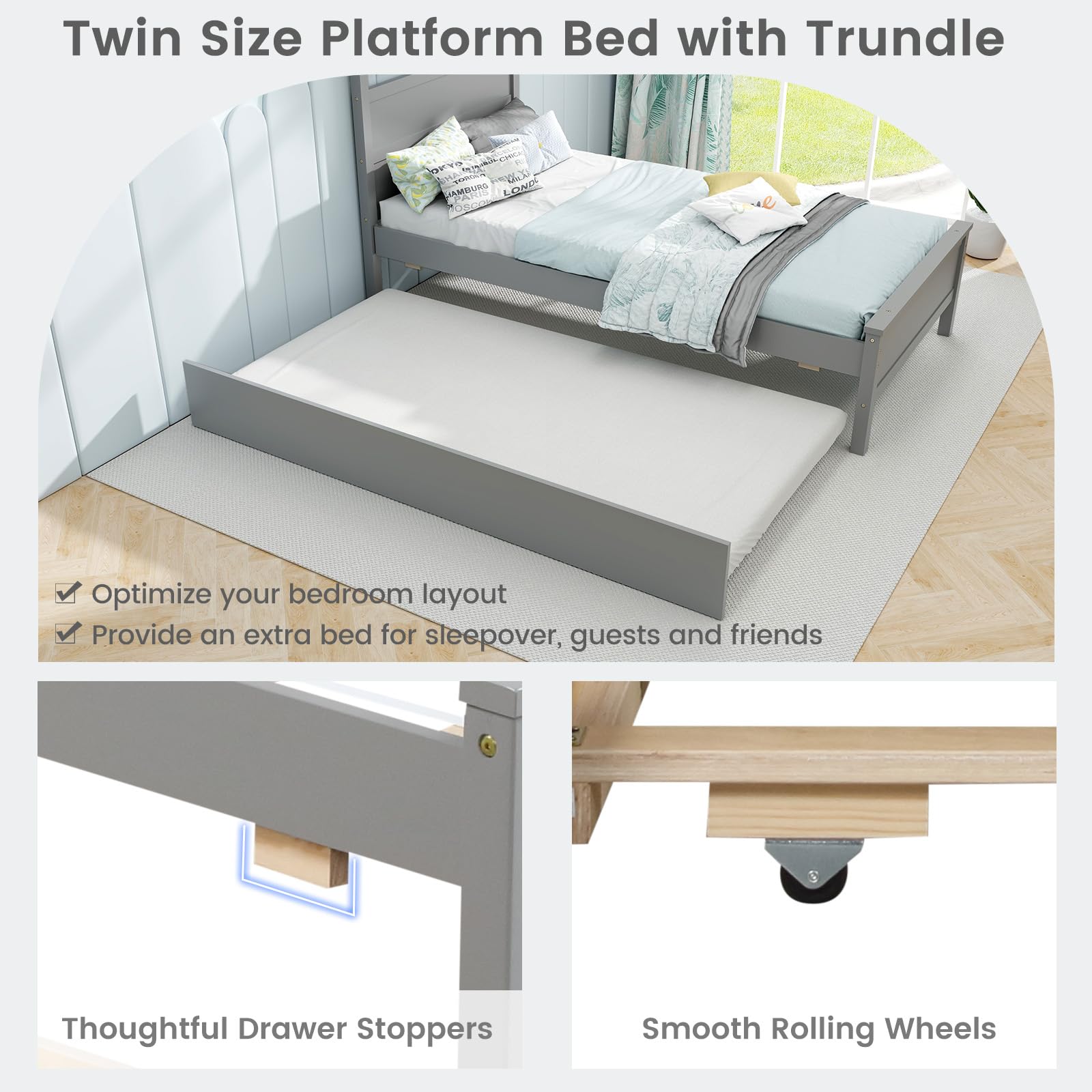 Giantex Trundle Bed Twin, Wood Day Bed Frame with Headboard & Footboard, Wooden Slats Support, Twin Size Pull Out Bed, Twin Bed with Trundle for Kids Teens Adults, Grey