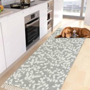 Grey White Botanical Kitchen Runner Rug 2'x4', Washable Woven Cotton Area Rug with Tassels Bathroom Hallway Rug, Pastoral Spring Floral Summer Art Entryway Bedroom Rug Non Slip Throw Rug Carpet