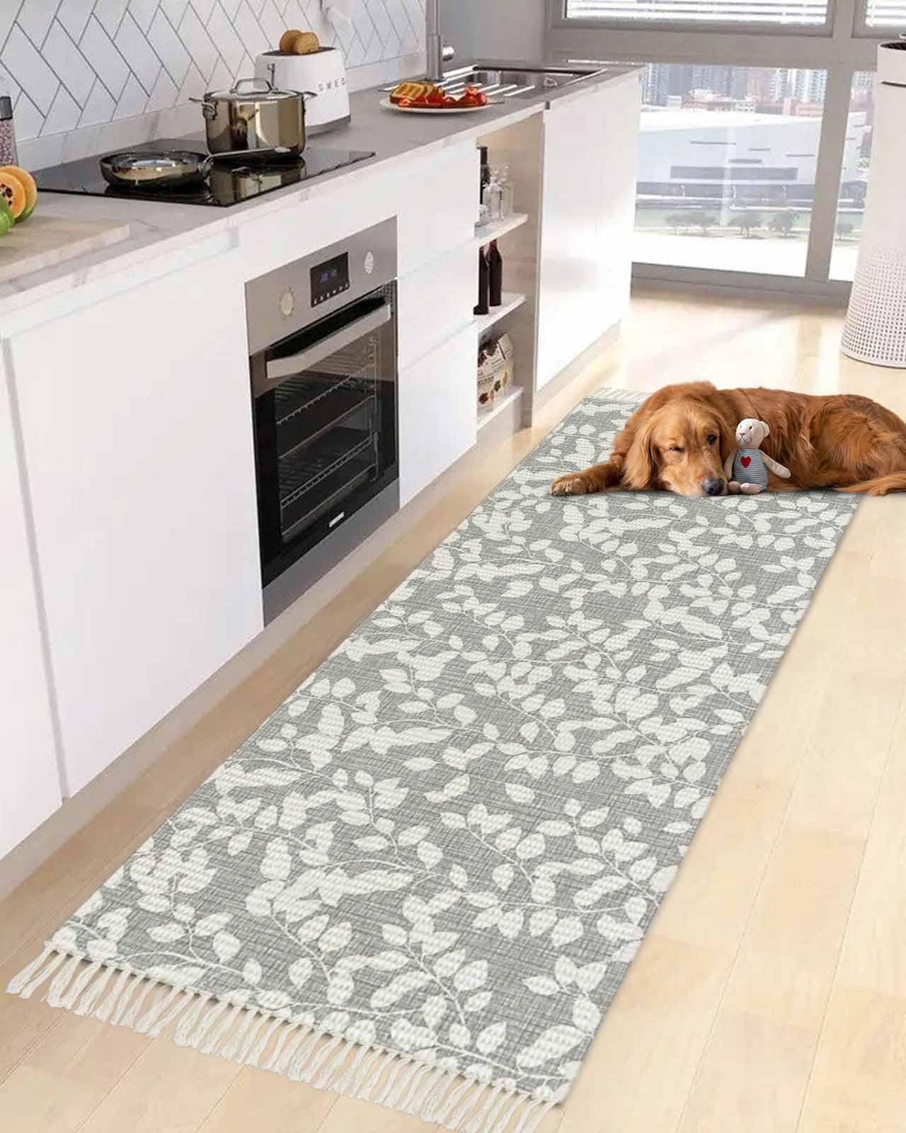 Grey White Botanical Kitchen Runner Rug 2'x4', Washable Woven Cotton Area Rug with Tassels Bathroom Hallway Rug, Pastoral Spring Floral Summer Art Entryway Bedroom Rug Non Slip Throw Rug Carpet