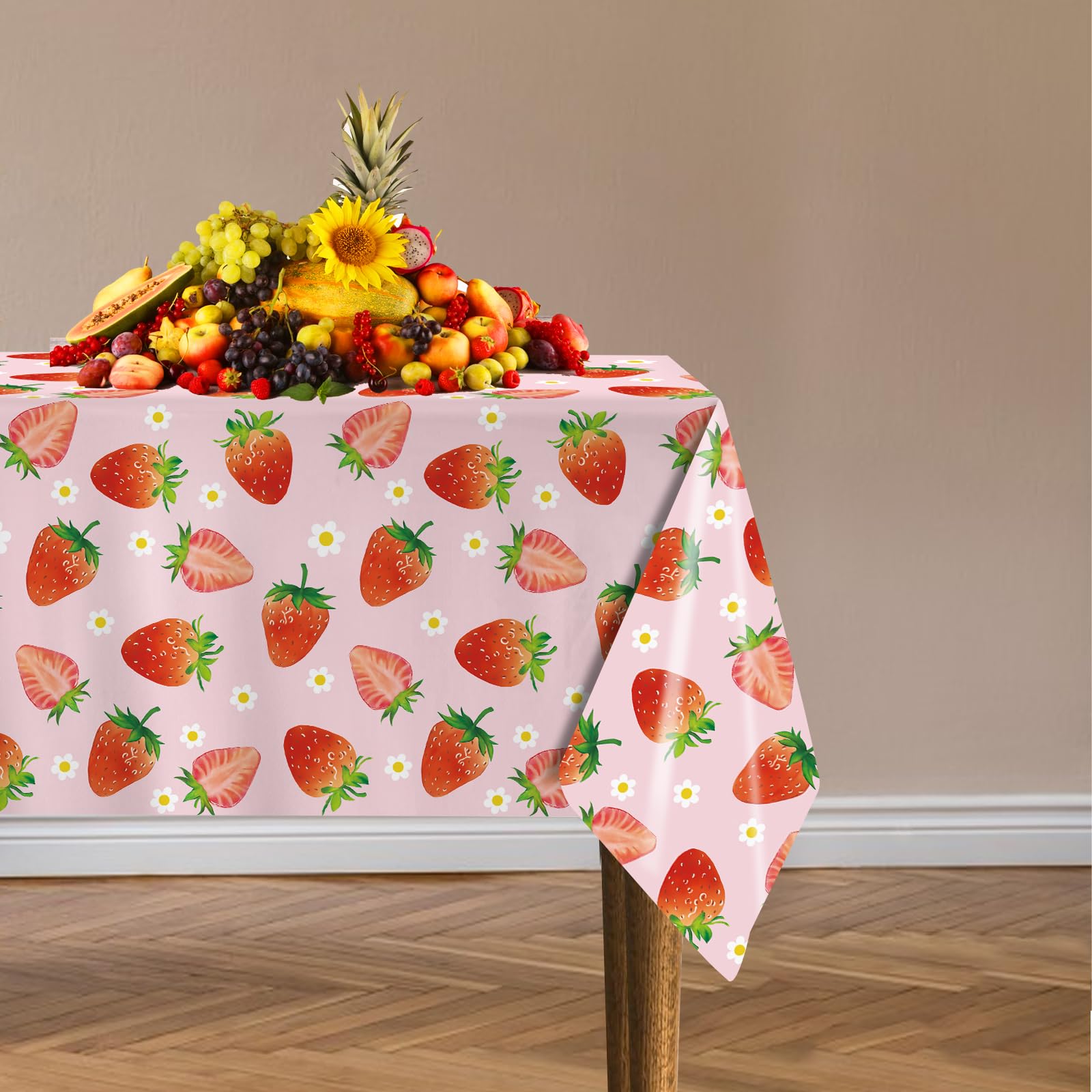 LINHAXM 3 Pack Strawberry Tablecloths Strawberry Birthday Plastic Table Cover for Strawberry Birthday Decorations Strawberry Baby Shower Party Decorations, 54 x 108 Inch