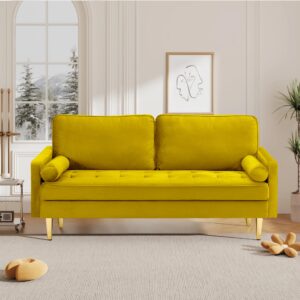 SZLIZCCC 67" LoveSeat Sofa, Love Seat Couch, Mid Century Modern Couchs Velvet Fabric Pull Dot Design Sofas with Two Round Pillows for Small Spaces, Living Room, Dorm, Bedroom, Apartment (67 Yellow)