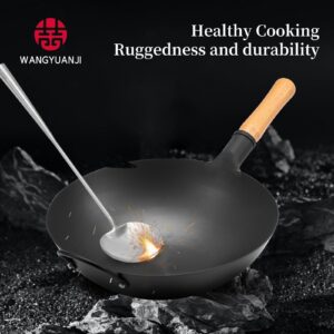 WANGYUANJI Iron Wok, 14.17’’ Traditional Round-Bottom Wok, Chef’s Professional Stir-Fry Pan with Wooden Handle, Chemical-Free Iron Wok for Gas Stoves and Round-Bottom Induction Stovetop