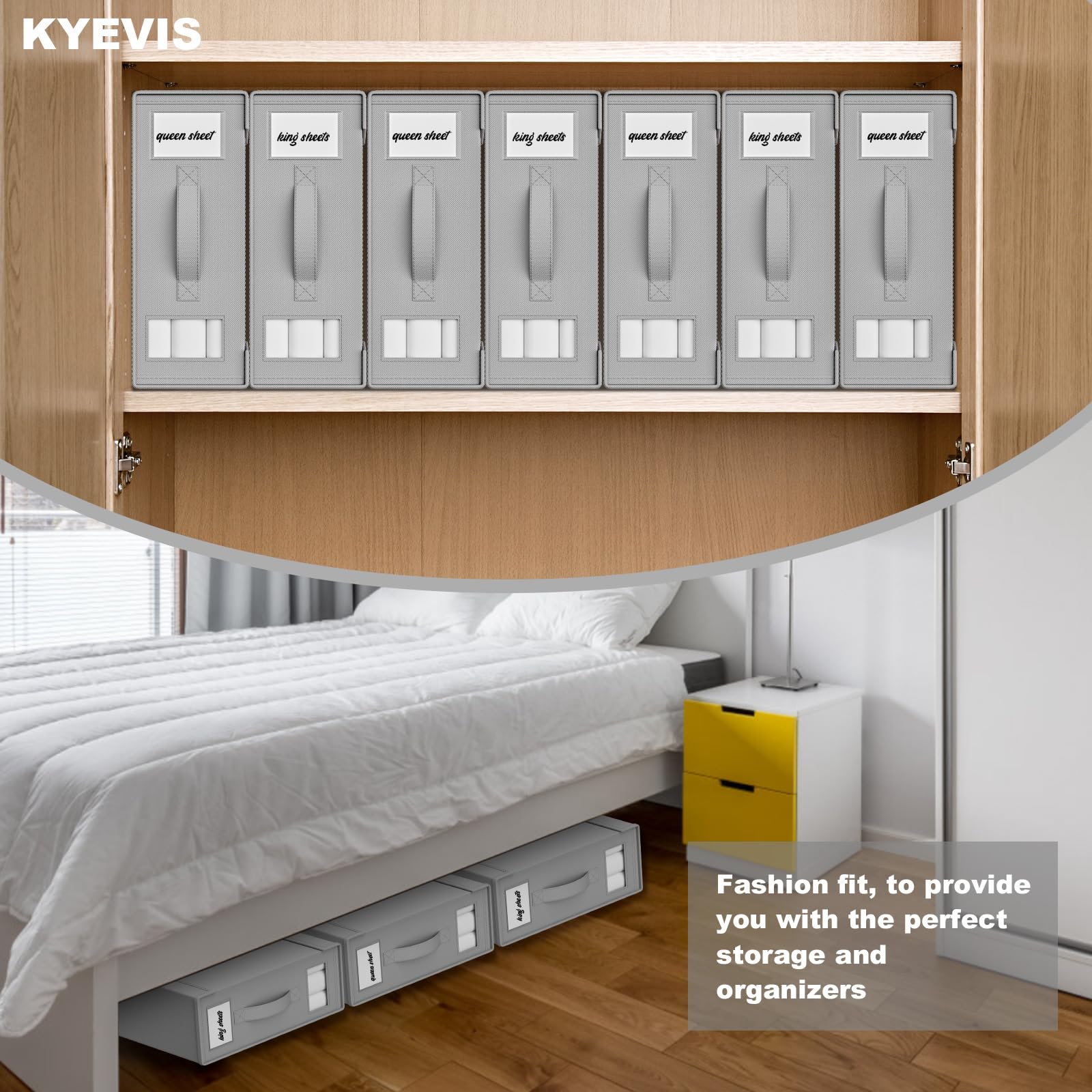 KYEVIS 4 Pack Sheet Organizers and Storage, Foldable Bed Sheet Organizer(Queen & King Size) for Linen Closet, Bedding Storage with Handle for Sheets, Grey