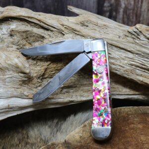 WHISKEY BENT HAT CO. Rusted Nail Traditional Trapper Folding Pocket Knife 4.125" Closed Length 440C Stainless Steel Blades (Pink Infusion)