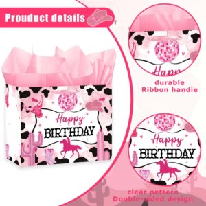 Pink Cowgirl Birthday Gift Bag Set with Tissue Paper – Extra Large Birthday Bag for Girls, Cowgirl Party Decorations, Western Theme Gift Bags for Women Kids, Disco Cowgirl Party Favors, 11.8 x 9.4 x 5.3 Inches