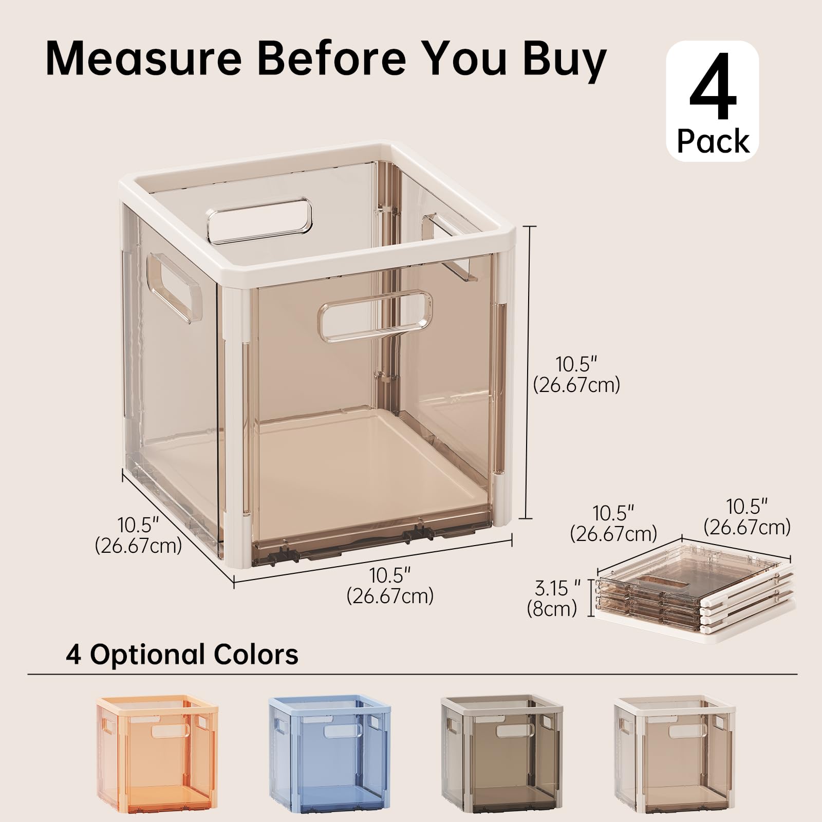 HAIXIN Storage Cubes for Cube Organizer - Collapsible Cubby Bins Open Storage Bins Transparent Organizer Cubes Plastic Storage Baskets for Closet Shelf Playroom, 4 Pack (Beige, 10.5 inch)