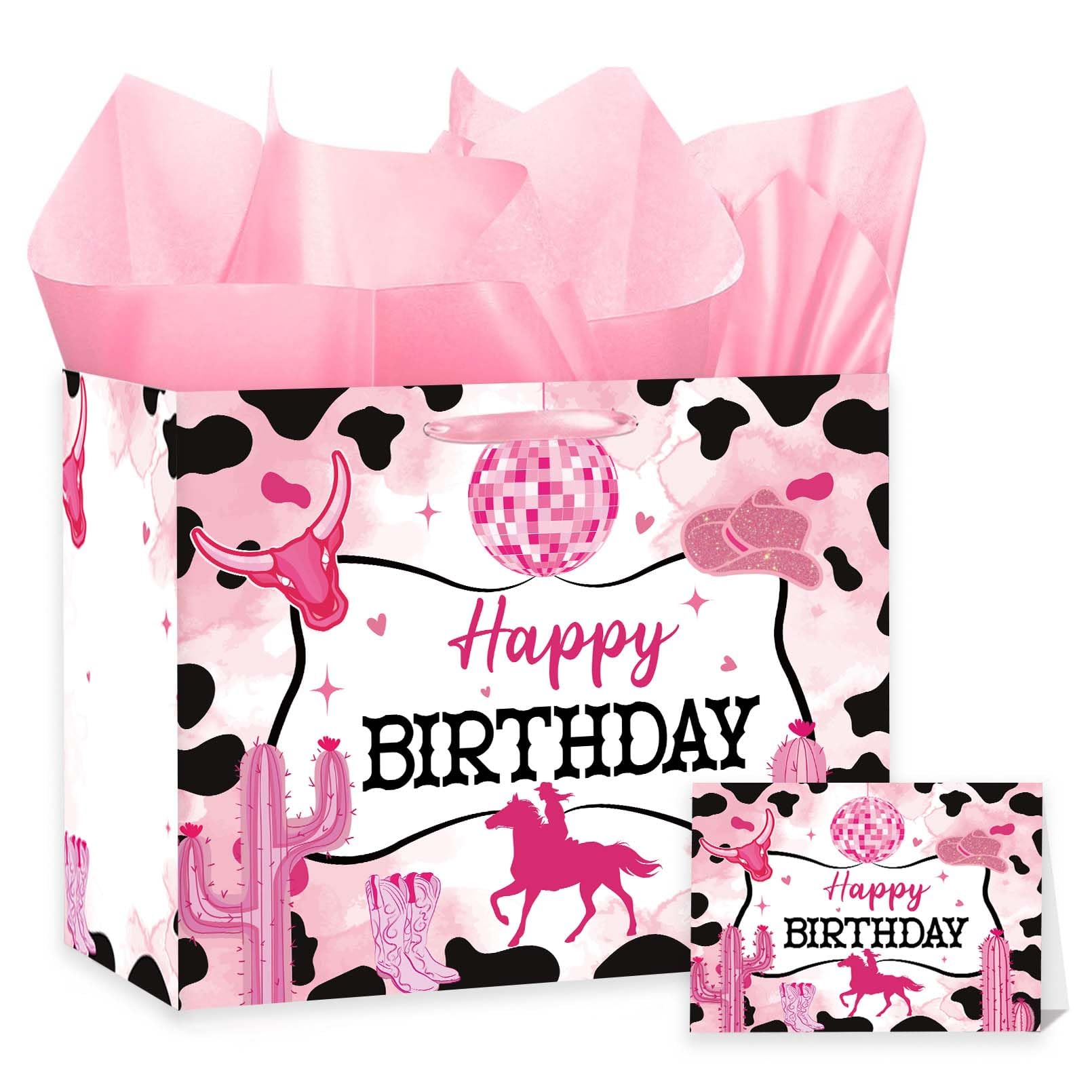 Pink Cowgirl Birthday Gift Bag Set with Tissue Paper – Extra Large Birthday Bag for Girls, Cowgirl Party Decorations, Western Theme Gift Bags for Women Kids, Disco Cowgirl Party Favors, 11.8 x 9.4 x 5.3 Inches