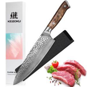 keizoku damascus chef knife, 10cr15mov japanese kitchen knives set with full tang g10 handle, professional chef knife for kitchen, sheath & gift box (8 inch chef knife)