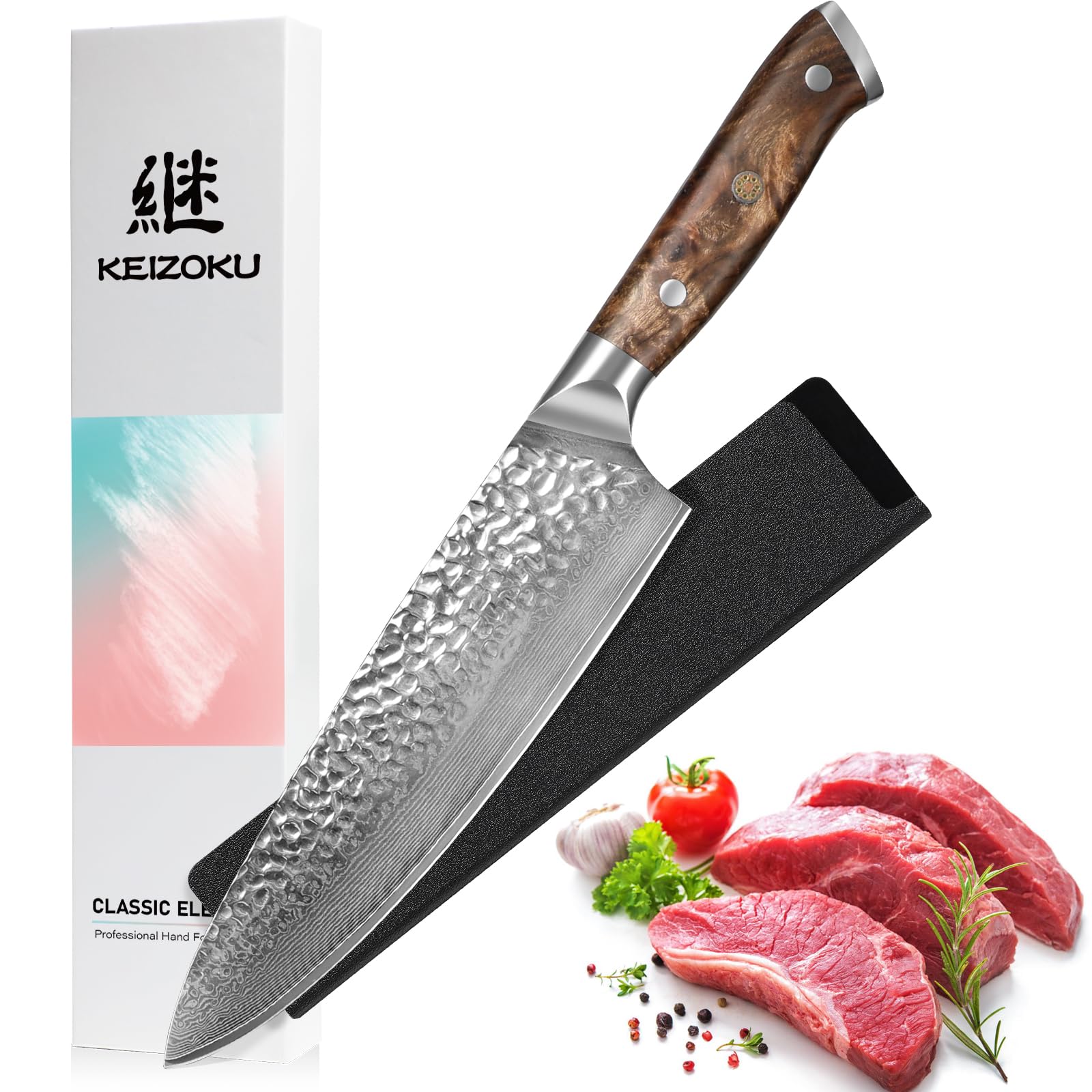 KEIZOKU Damascus Chef Knife, 10Cr15MOV Japanese Kitchen Knives Set with Full Tang G10 Handle, Professional Chef Knife for Kitchen, Sheath & Gift Box (8 Inch Chef Knife)