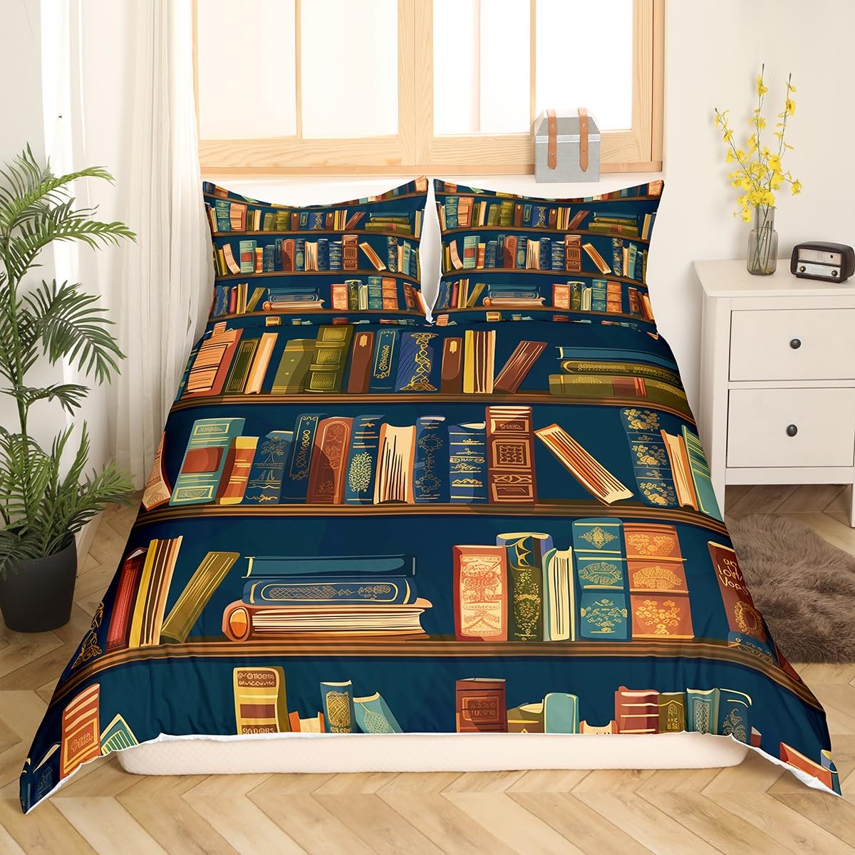 Erosebridal Bookshelf Comforter Cover for Teens, Library Bedding Set Retro Wooden Bookshelf Duvet Cover Full for Kids Boys Adult Bedroom, Academic Educational Theme Quilt Cover, Dark Blue Brown