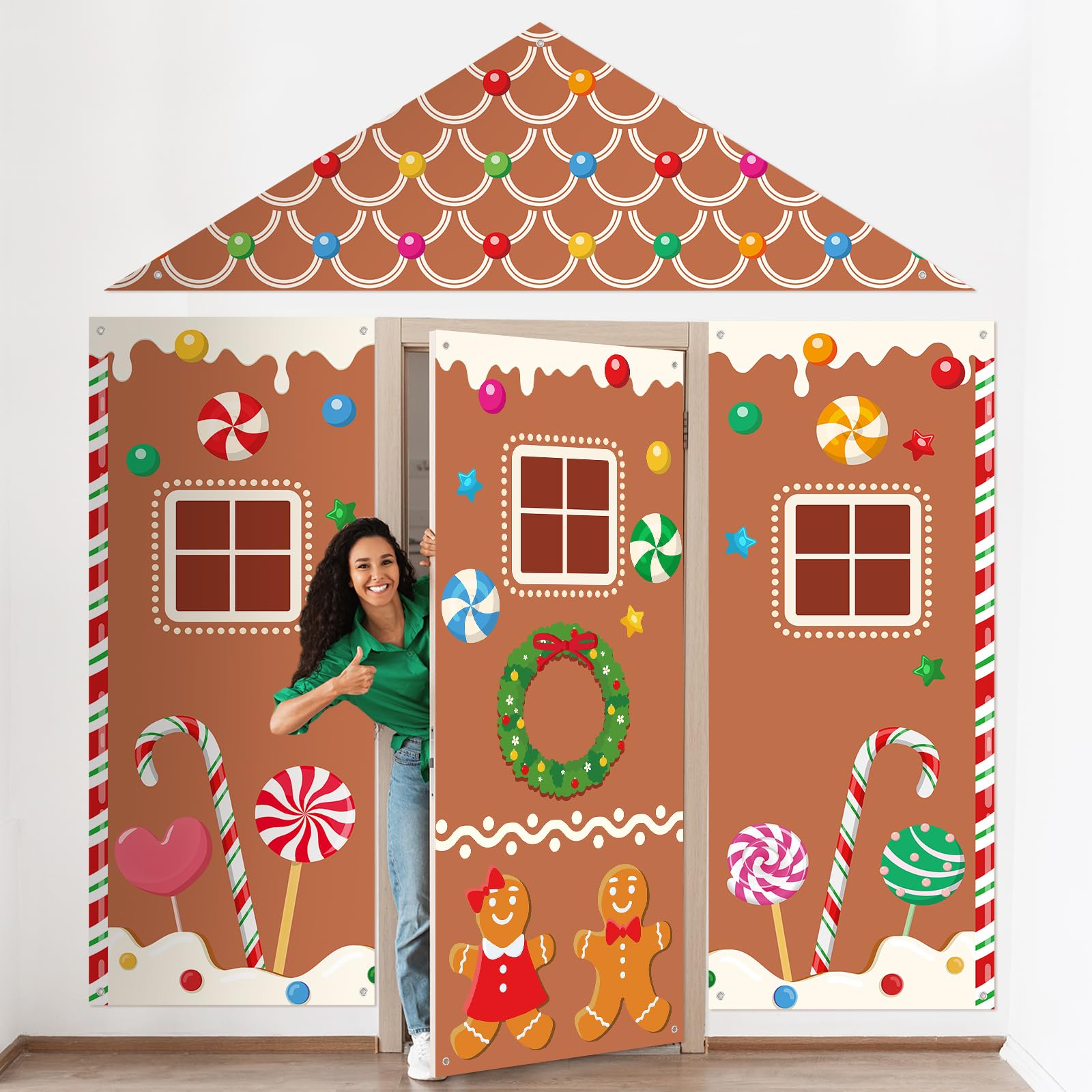 VitalCozy 4 Pcs Christmas Gingerbread Door Decorations Xmas Gingerbread House Backdrop Gingerbread Candy Door Covers Christmas Hanging Banner Porch Sign for Holiday Classroom Office Home Party Decor