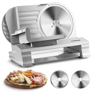 cusimax meat slicer for home with 1-20mm adjustable thickness，electric deli slicer for food tray,two 9" stainless steel blades and removable food carriage,easy for cut all foods