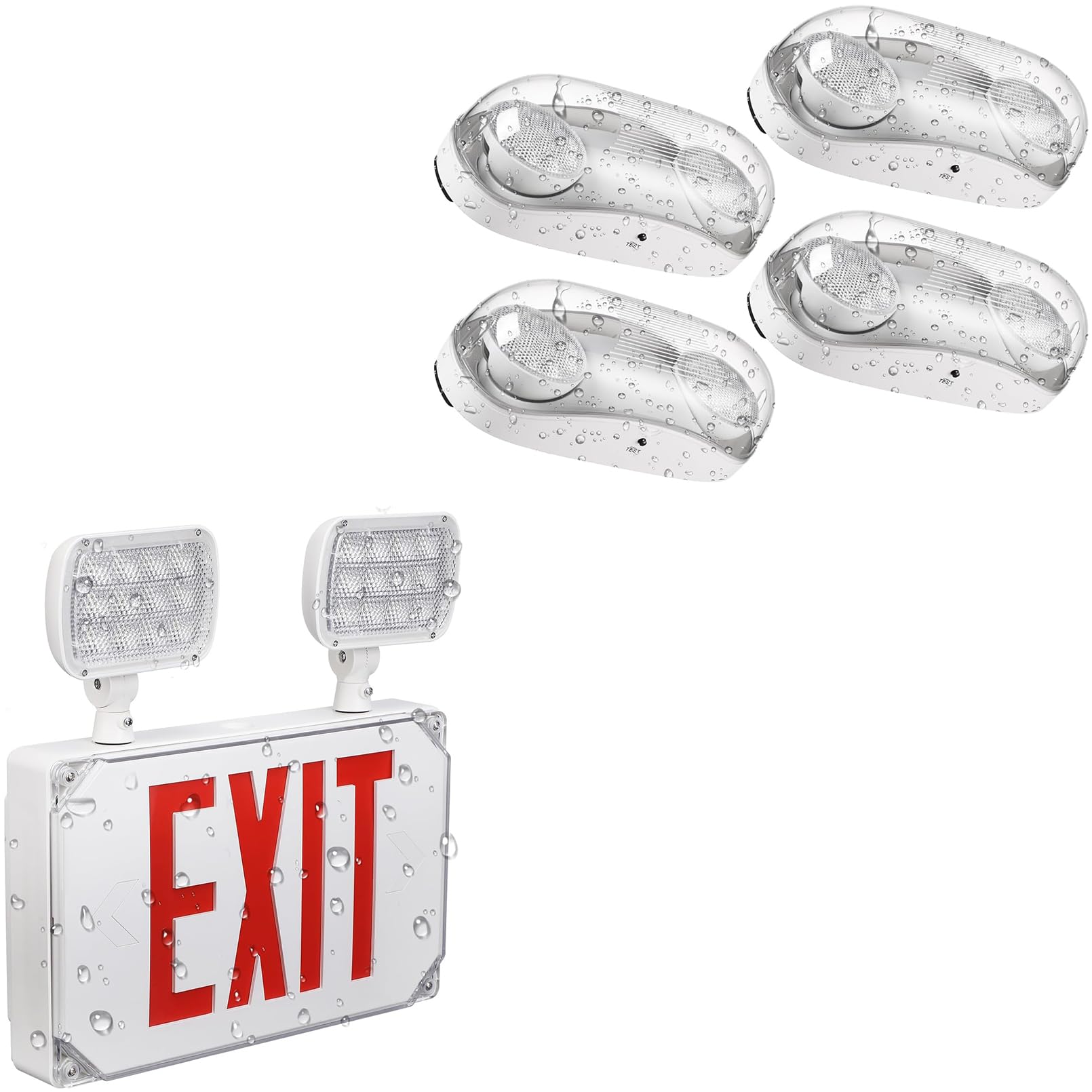 LEONLITE Exit Light Bundle Emergency Light, 1-Pack Wet Location Exit Sign with Emergency Lights, UL Listed, Red & 4-Pack Wet Location Emergency Light with Battery Backup, UL Listed