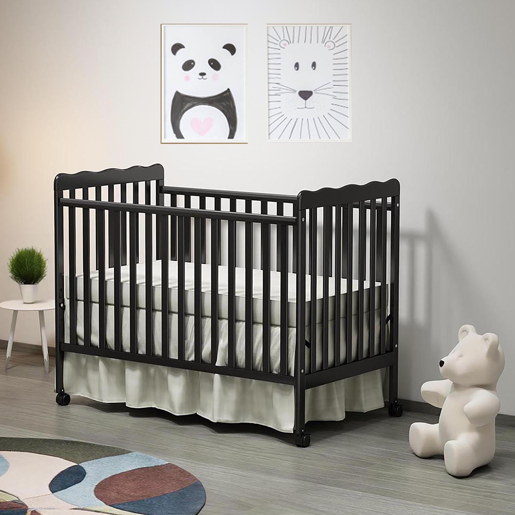 HIROHRTV Baby Crib 3-in-1 Convertible, Modern Baby Bed with Locking Wheels, Convertible Crib to Toddler Bed & Daybed, Wood Cribs for Baby, Nursery, Infant Bed for Small Spaces (Black)