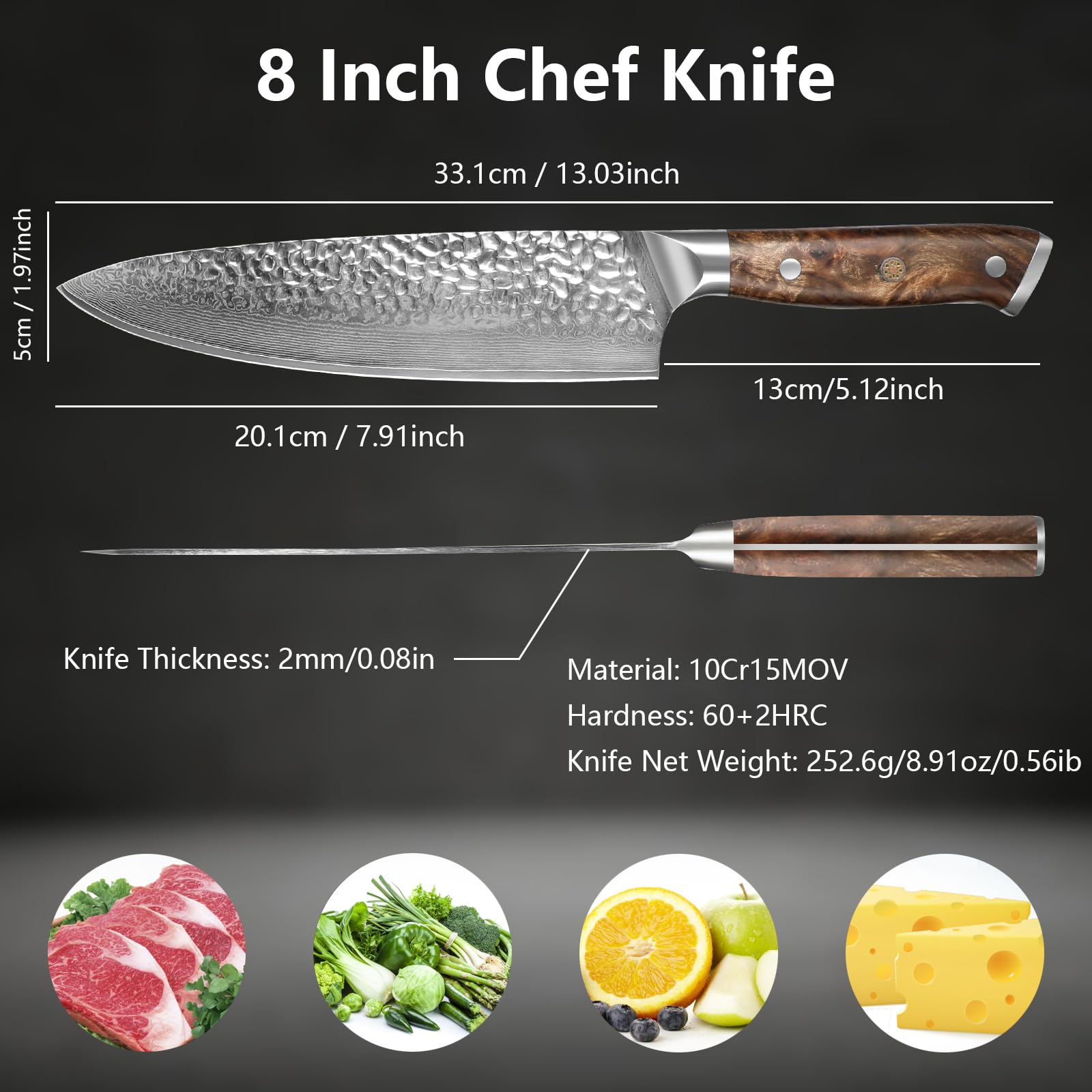 KEIZOKU Damascus Chef Knife, 10Cr15MOV Japanese Kitchen Knives Set with Full Tang G10 Handle, Professional Chef Knife for Kitchen, Sheath & Gift Box (8 Inch Chef Knife)