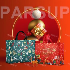 PARSUP 2PCS Giant Christmas Gift Bags, Heavy Duty Treat Tote Grocery Bags with Handles, Sewing Non-Woven Jumbo Bags for Gifts Wrapping Shopping, Xmas Party Supplies, 21.26"×15.7"×7.9"