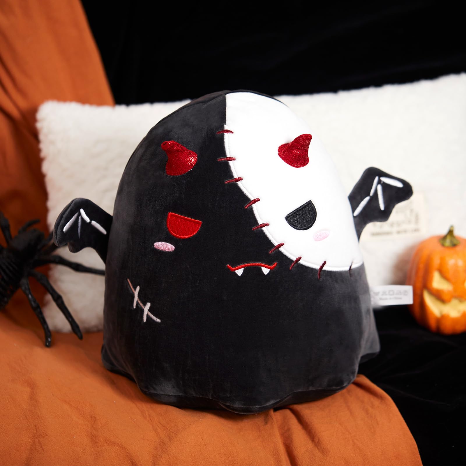 FunBase Halloween Ghost Bat Plush Pillow - Creative Double-Sided Plush Cushion with Red Devil Horns & Wings, Perfect for Holiday Décor & Gifts