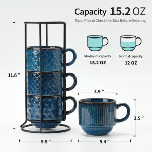 JH JIEMEI HOME Large Ceramic Coffee Mug Set of 4 with Stand, 15 Oz Stackable Different Embossment Ribbed Latte Cup Set for Cappuccino, Tea, Hot Cocoa, Drinks - Dishwasher & Microwave Safe, Blue