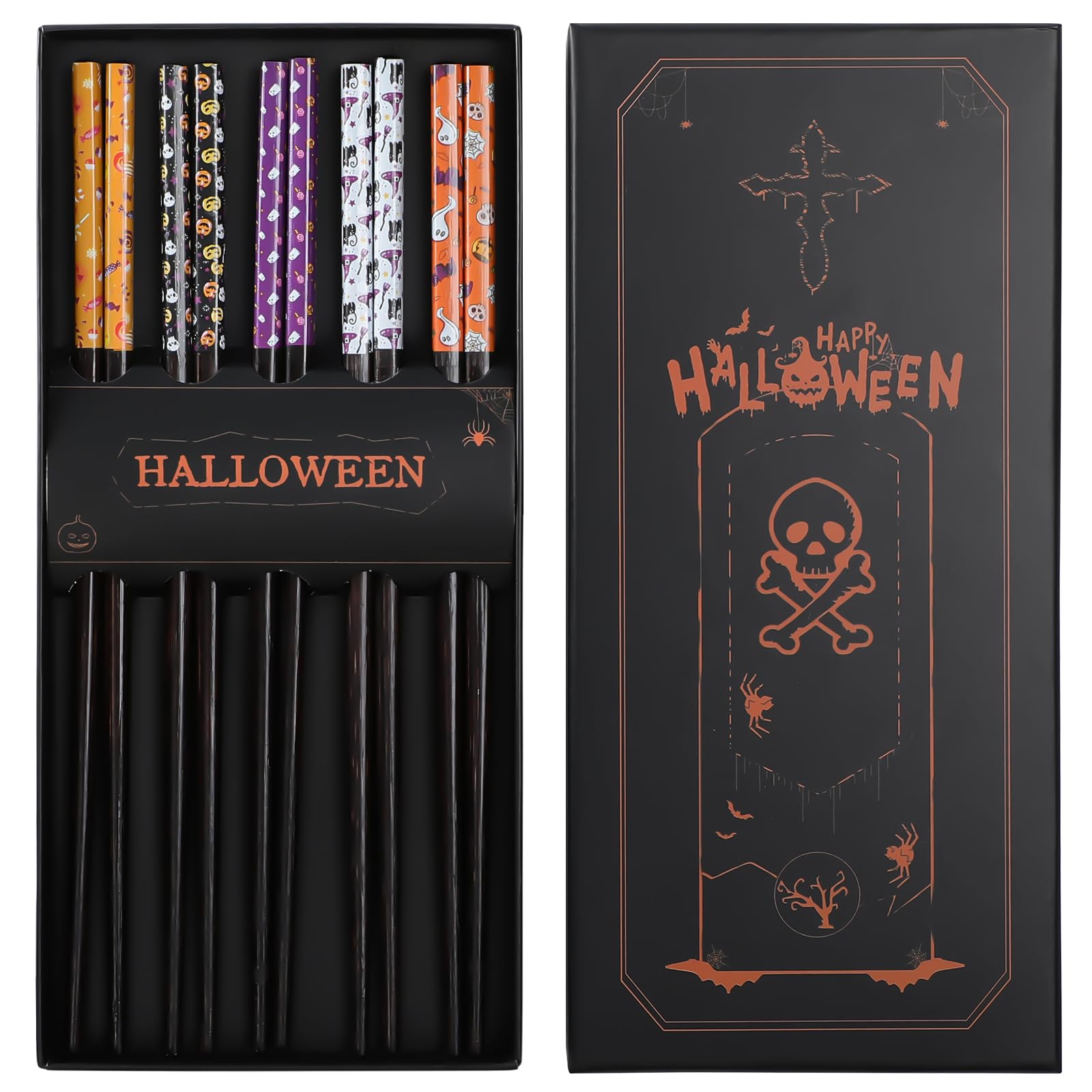 Sbirdbao Halloween Party Reusable 5 Pairs 9.4 Inches Wooden Chopsticks, Dishwasher Safe Tableware Gift with Halloween Decorations Sets