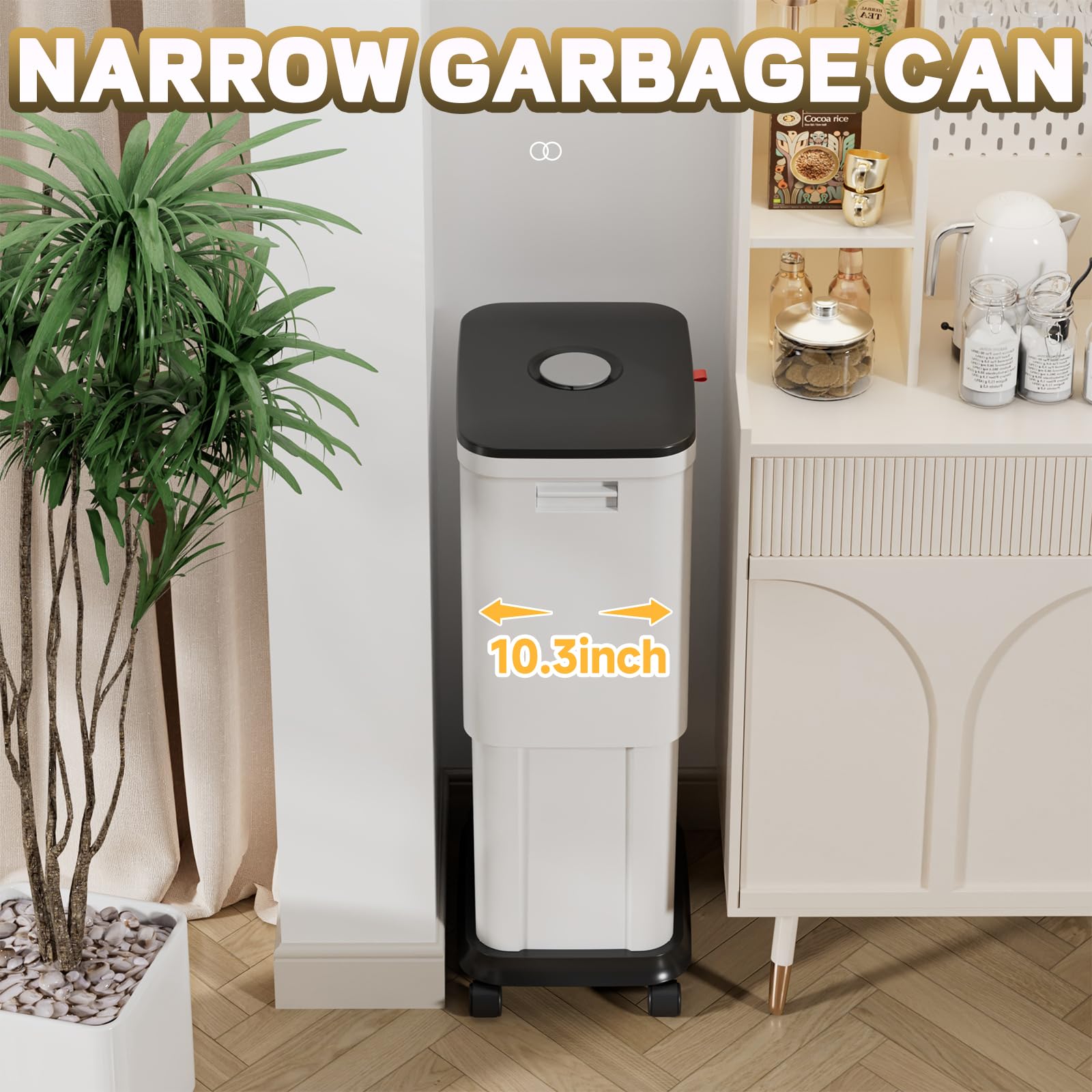 Telescoping Kitchen Trash Can with Lid,20L to 45L Adjustable Capacity/Height Garbage Can,Plastic Slim and High Trash Bin with Wheels for Bathroom/Bedroom/Living Room/Office Commercial Trash Cans