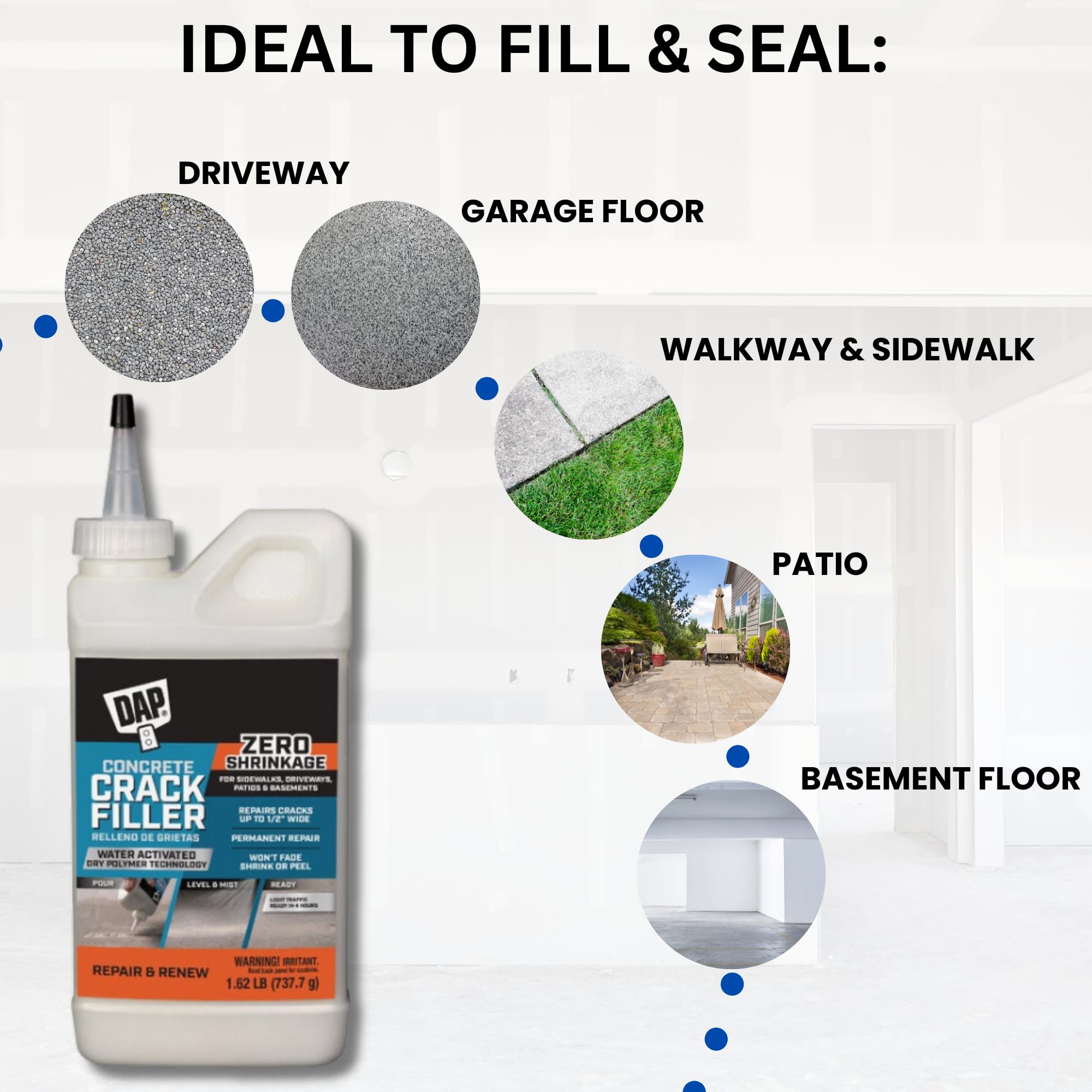 Concrete Crack Repair Kit (Dry)- Bundle with DAP Concrete Crack Filler (1.62 lbs) - Handy Dandy Guide and Putty Knife-Cement Crack Filler- Patio, Sidewalk, Basement, and Driveway Crack Filler(Gray)