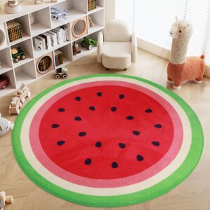 3ft Round Watermelon Rug - Fruit Rug, Memory Foam Circle Rug for Kids Room, Non-Slip Round Carpet, Soft Area Rug for Bedroom, Nursery, Playroom, Classroom, Room Decor