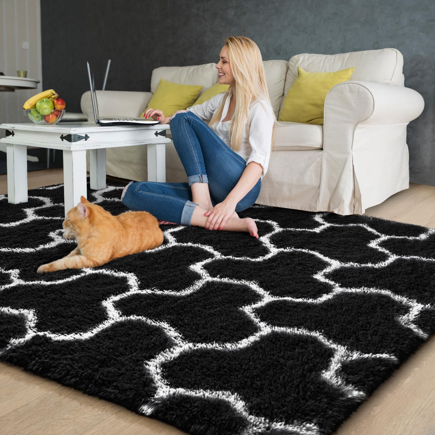 EVOIONOS Black White Area Rugs for Living Room, 3x5 Feet Fluffy Geometric Rug for Bedroom, Plush Shaggy Soft Indoor Floor Carpet for Kids Room Home Decor, Upgrade Non Slip Washable Aesthetic Rug