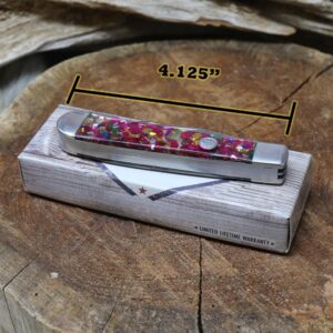 WHISKEY BENT HAT CO. Rusted Nail Traditional Trapper Folding Pocket Knife 4.125" Closed Length 440C Stainless Steel Blades (Pink Infusion)