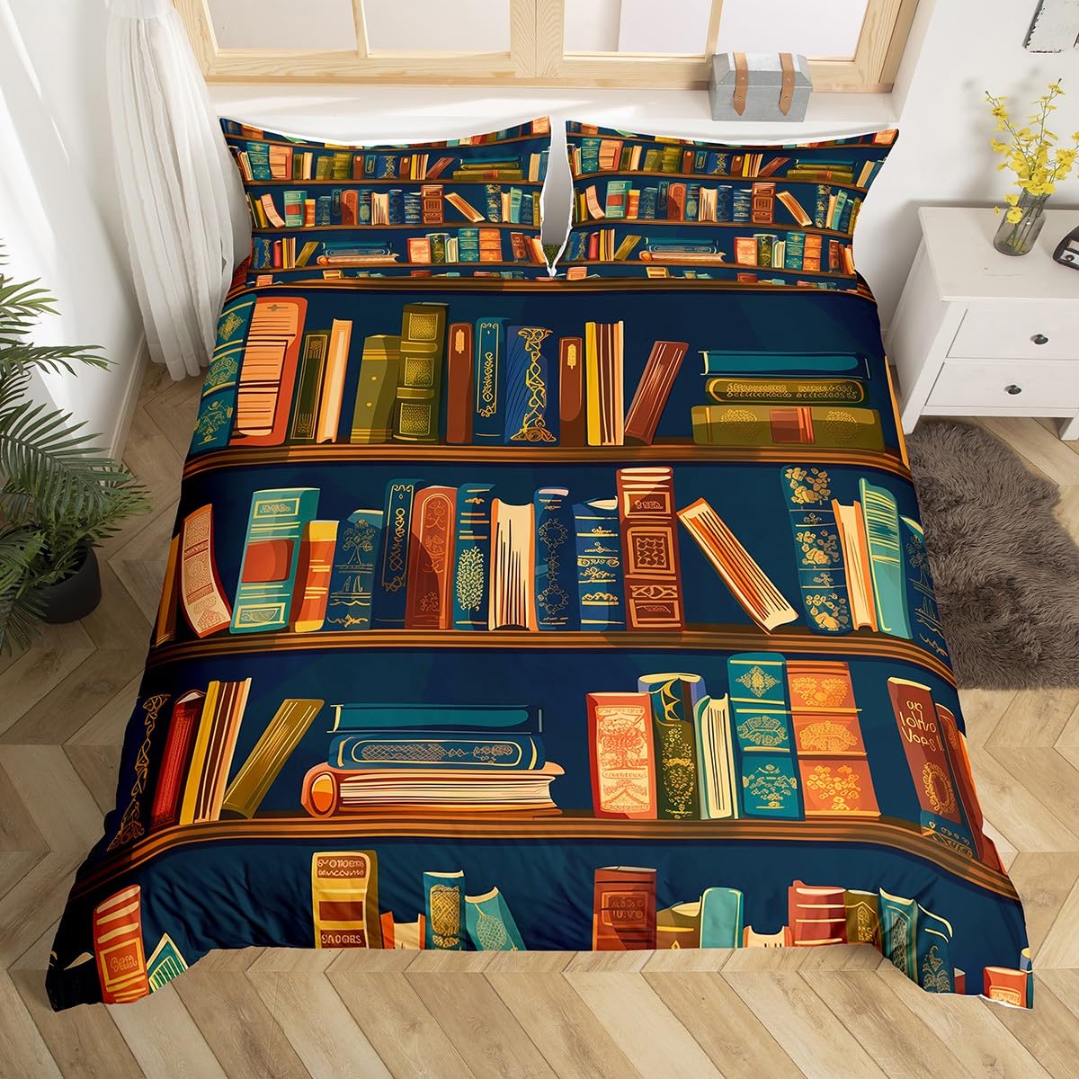 Erosebridal Bookshelf Comforter Cover for Teens, Library Bedding Set Retro Wooden Bookshelf Duvet Cover Full for Kids Boys Adult Bedroom, Academic Educational Theme Quilt Cover, Dark Blue Brown