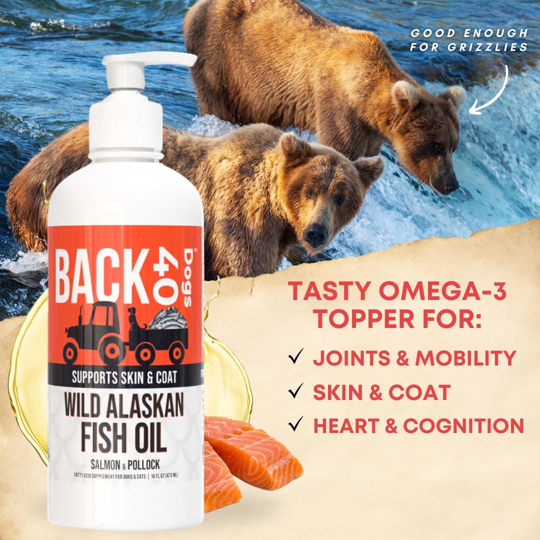 BACK 40 Dogs Wild Alaskan Fish Oil for Dogs, Skin and Coat Supplement for Dogs & Cats, Omega-3-Rich Salmon and Pollock Oil, EPA & DHA Dog Salmon Oil for Brain, Heart, and Joints 32 fl oz