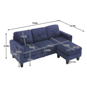 DERCASS Velvet Sectional Couch with Reversible Chaise, L Shaped Sofa with Ottoman and Wood Legs for Small Apartment (Navy)