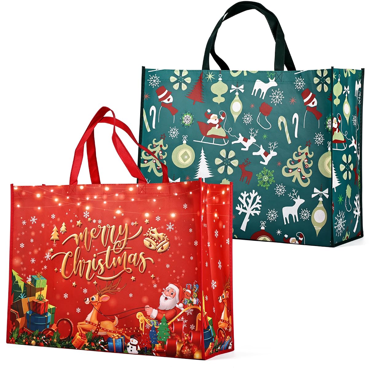 PARSUP 2PCS Giant Christmas Gift Bags, Heavy Duty Treat Tote Grocery Bags with Handles, Sewing Non-Woven Jumbo Bags for Gifts Wrapping Shopping, Xmas Party Supplies, 21.26"×15.7"×7.9"