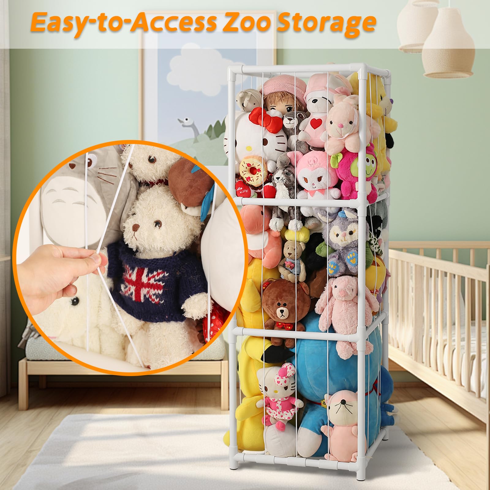 JAWNLITY Large Stuffed Animals Storage Zoo Cage, Creative PVC Stuffed Animal Zoo Holder, Space Saving Plush Toys Storage Organizer for Kids Room Playroom White