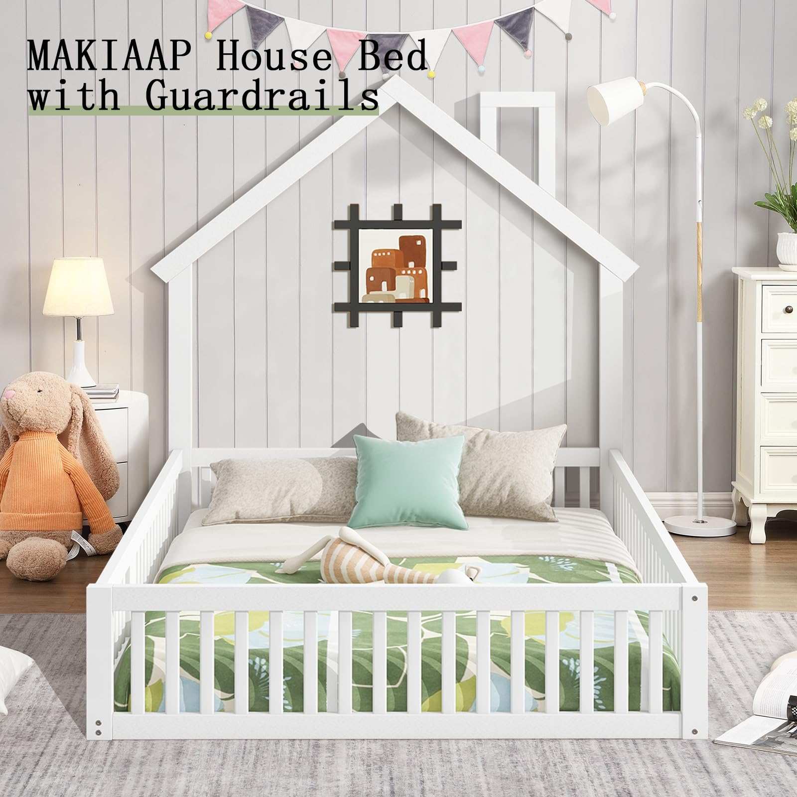 MAKIAAP Full Size Montessori Floor Bed Frame with 12 Inches Height Safety Guardrails and Door,Platform Bed Frame with House-Shaped Headboard for Girls, Boys, Wooden Slat Support, White