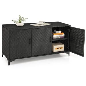 giantex 84-gallon wicker deck box - patio storage cabinet, 3-door pe rattan storage container with removable shelves, indoor & outdoor package box for porch, patio furniture cushions tools (black)