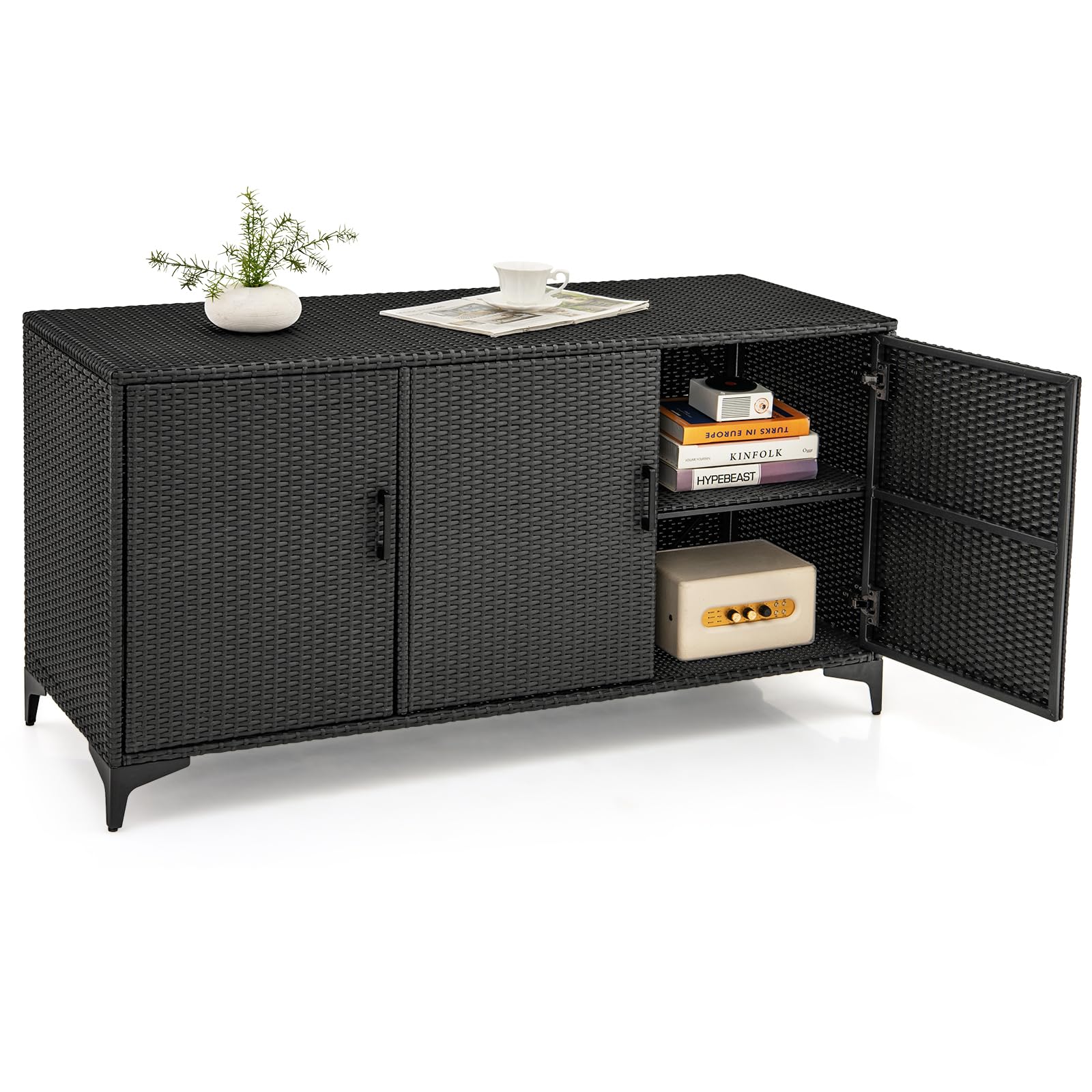 Giantex 84-Gallon Wicker Deck Box - Patio Storage Cabinet, 3-Door PE Rattan Storage Container with Removable Shelves, Indoor & Outdoor Package Box for Porch, Patio Furniture Cushions Tools (Black)