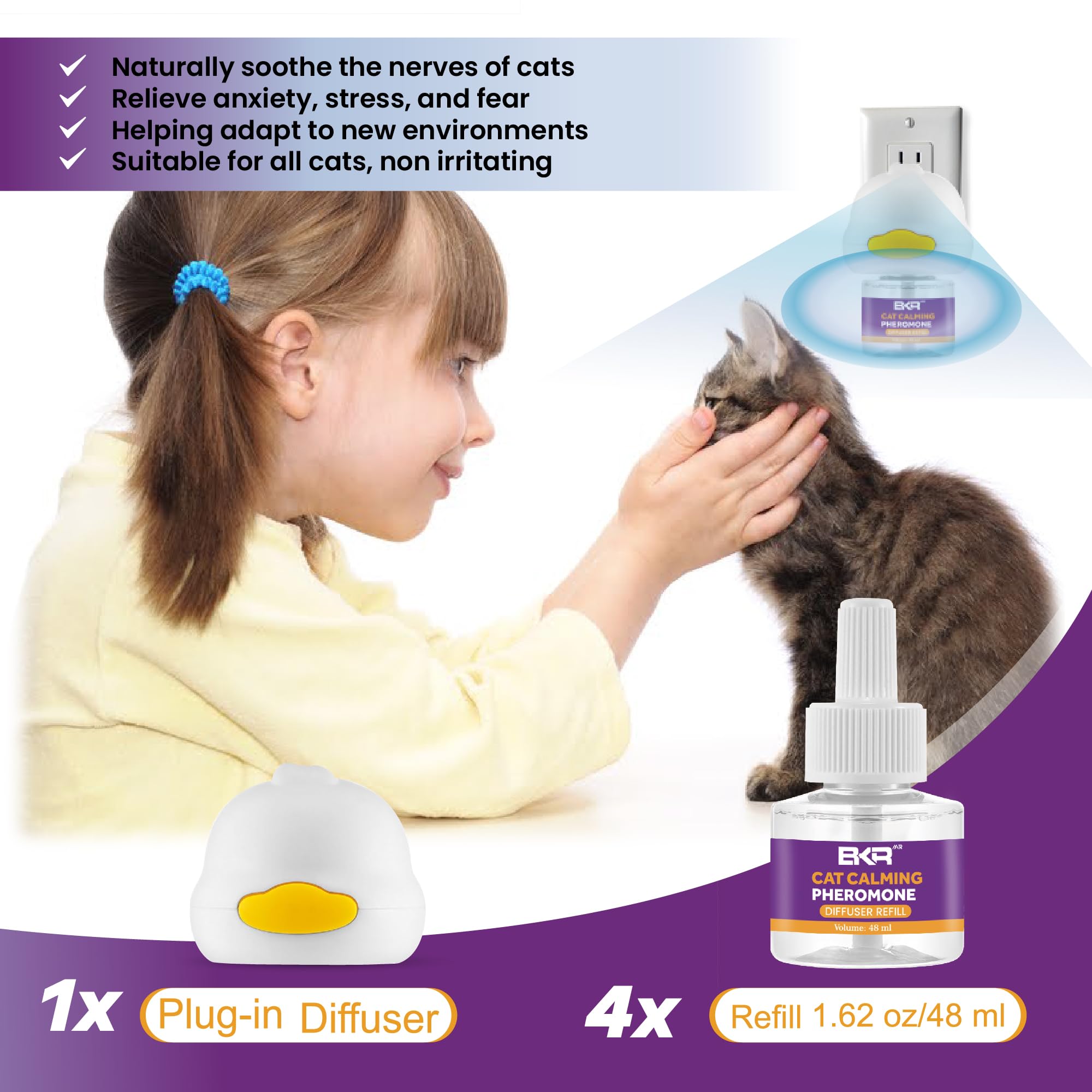 BKRMART Cat Pheromones Calming Diffuser 5 in 1 Therapet Md Cat Diffuser for All Cats, 1 Pheromone Cat Calming Diffuser & 4 Refills