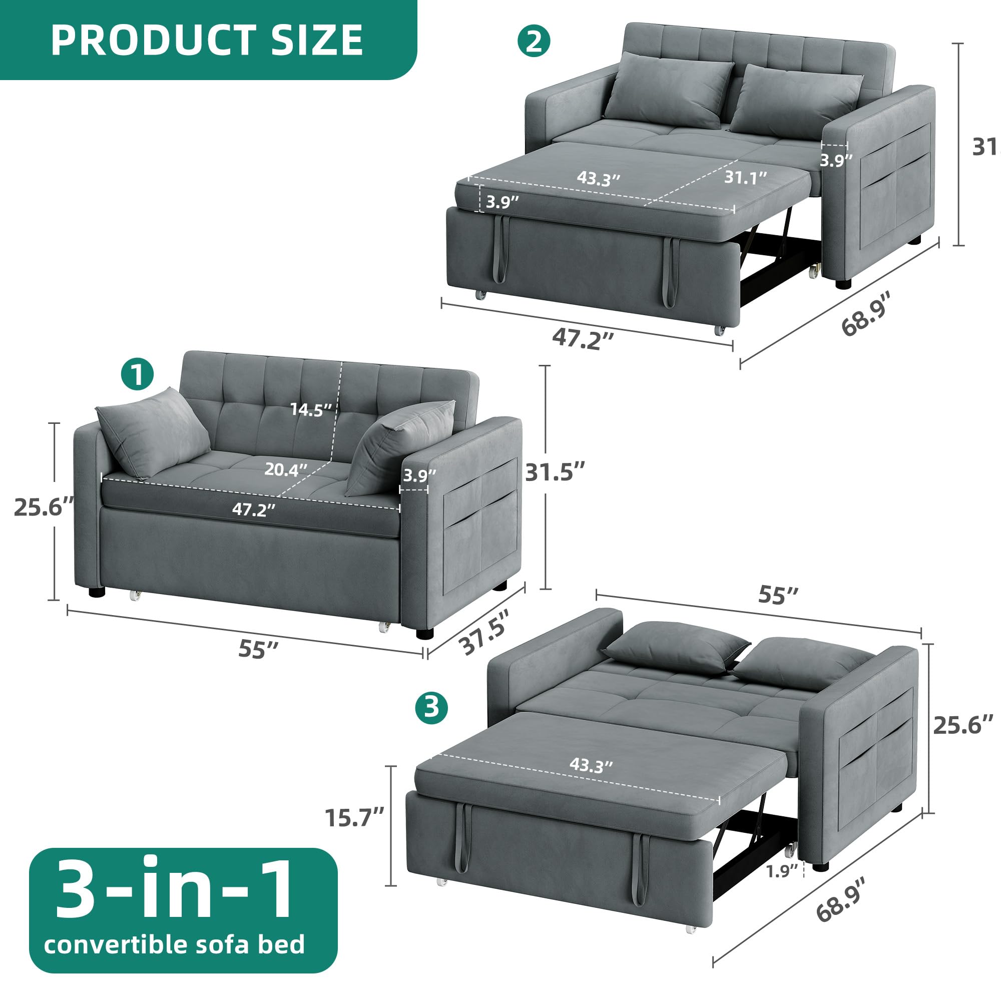 YITAHOME 55" Convertible Sofa Bed, 3-in-1 Sleeper Sofa with Pull-Out Bed, Velvet Futon Couch with Reclining Backrest and Side Pocket, Modern Loveseat for Living Room, Grey, Full Size