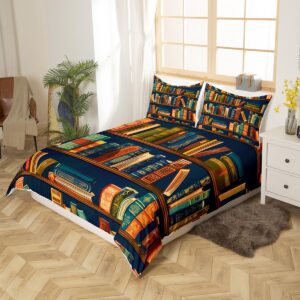 Erosebridal Bookshelf Comforter Cover for Teens, Library Bedding Set Retro Wooden Bookshelf Duvet Cover Full for Kids Boys Adult Bedroom, Academic Educational Theme Quilt Cover, Dark Blue Brown