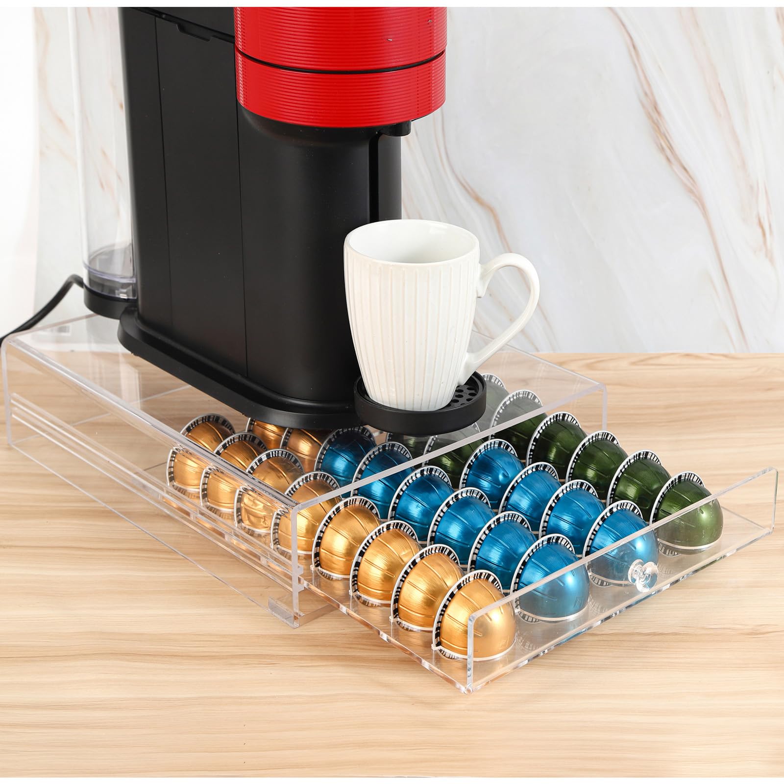 XronSlute for Nespresso Pods Holder,Vertuo Pod Holder,Acrylic 32 Large Pod Organizer,Clear Coffee Pod Capsule Drawer