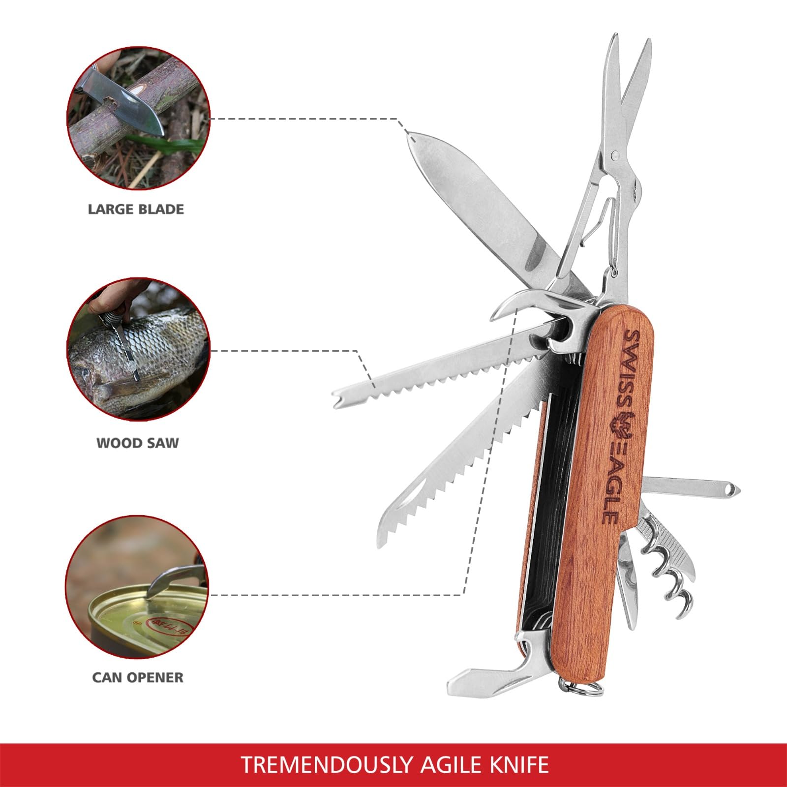 Swiss Eagle Premium Quality Classic Multi-Tool Army Knife - Packs 15 Tools Pocket knife - Multitool