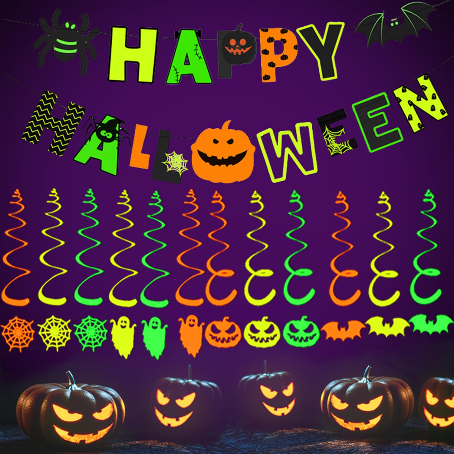 MEILINJIAN Happy Halloween Decorations Banner,Glow in the Dark Halloween Decorations Neon Glow Halloween Sign for Glow in the Dark Halloween Party,Black Light Party