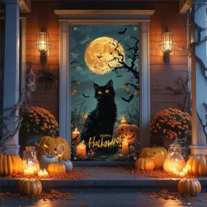 halloween door cover halloween birthday party door decorations door scary window banner 35.4 x 70.8 inches cat theme door cover halloween birthday decorations sign front door for halloween party outdoor supplies decor (cat)