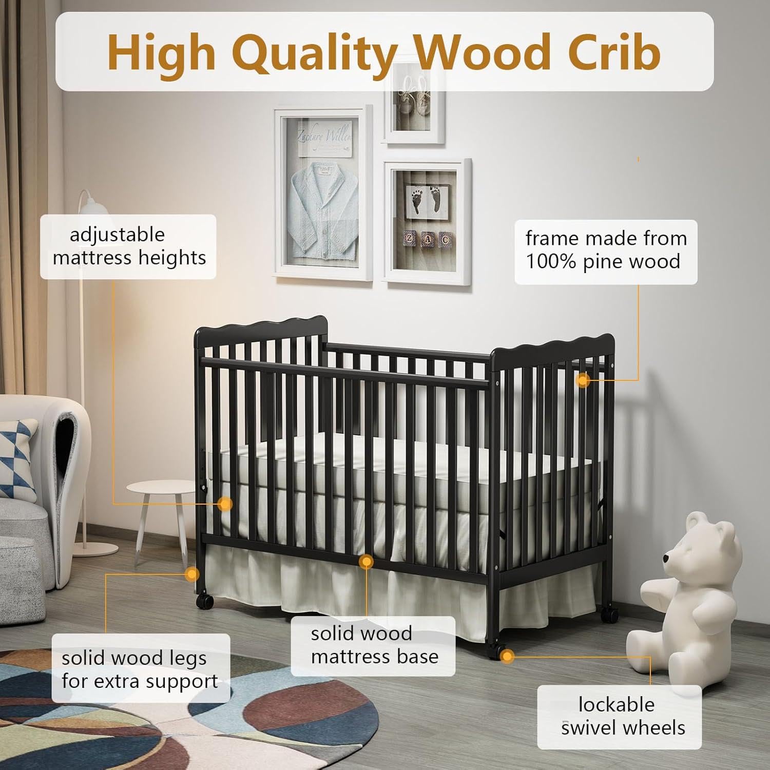 HIROHRTV Baby Crib 3-in-1 Convertible, Modern Baby Bed with Locking Wheels, Convertible Crib to Toddler Bed & Daybed, Wood Cribs for Baby, Nursery, Infant Bed for Small Spaces (Black)