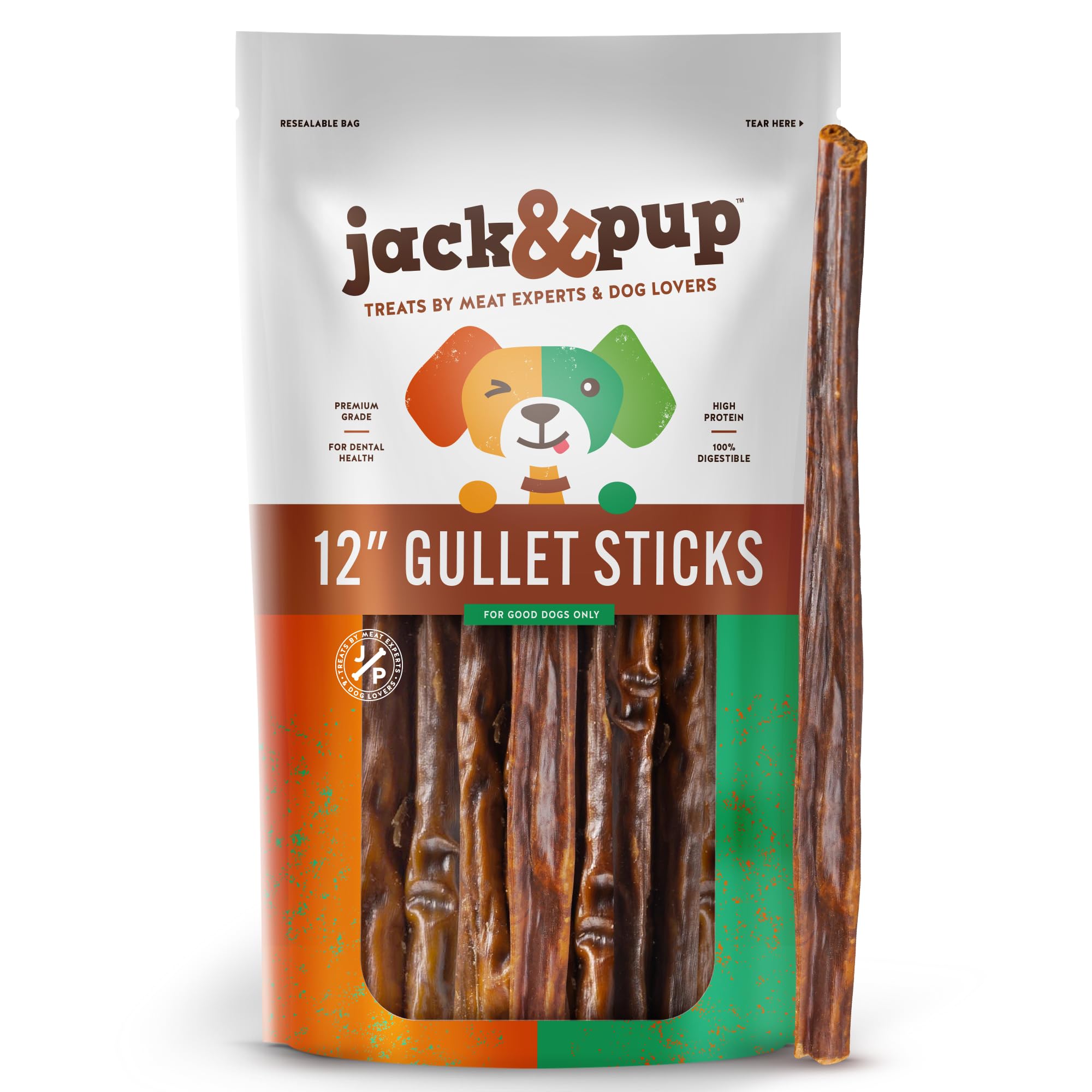 Jack&Pup Gullet Jerky | Beef Gullet Jerky Chew for Small Dogs | Single Ingredient Dog Treats with Glucosamine for Natural Joint Support (Gullet Jerky and Sticks) (12" Gullet Sticks 20pk)