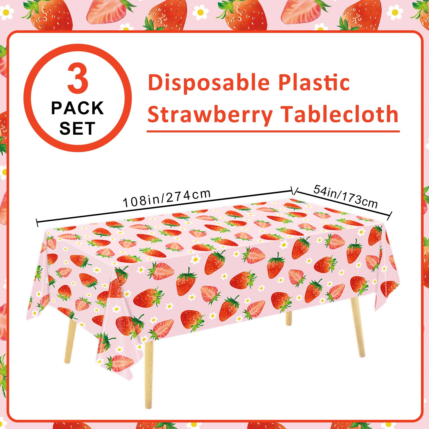 LINHAXM 3 Pack Strawberry Tablecloths Strawberry Birthday Plastic Table Cover for Strawberry Birthday Decorations Strawberry Baby Shower Party Decorations, 54 x 108 Inch