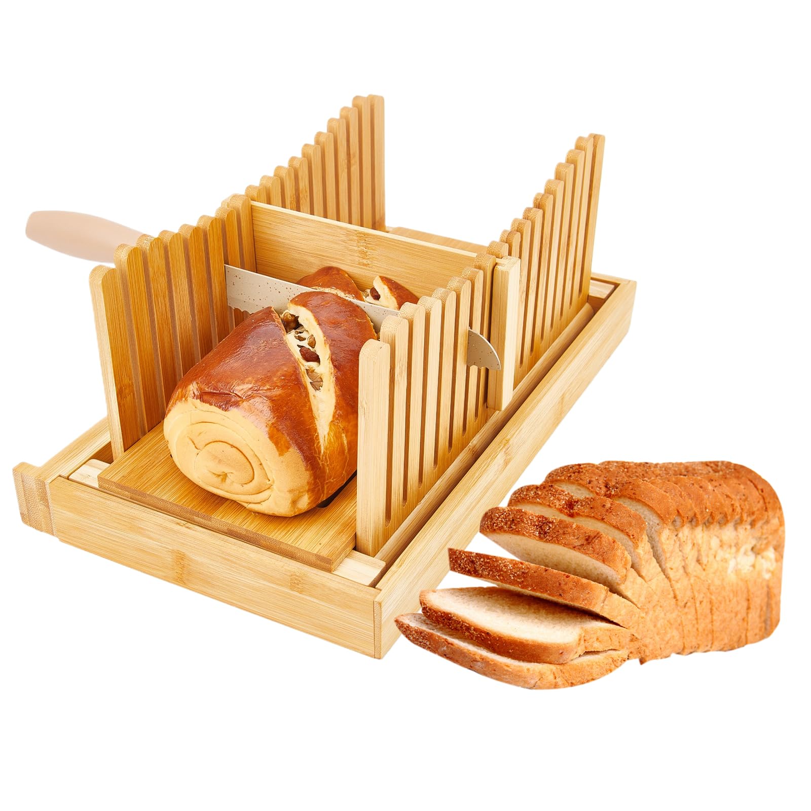 Bamboo Bread Slicer For Homemade Bread With Crumb Tray Bread Cutting Guide Bread Loaves Cutting Board With Magnetic Breads Knife Holder Adjustable Thickness Foldable Bread Cutter