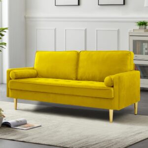 SZLIZCCC 67" LoveSeat Sofa, Love Seat Couch, Mid Century Modern Couchs Velvet Fabric Pull Dot Design Sofas with Two Round Pillows for Small Spaces, Living Room, Dorm, Bedroom, Apartment (67 Yellow)