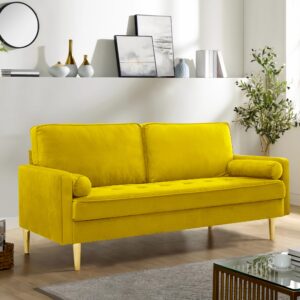 SZLIZCCC 67" LoveSeat Sofa, Love Seat Couch, Mid Century Modern Couchs Velvet Fabric Pull Dot Design Sofas with Two Round Pillows for Small Spaces, Living Room, Dorm, Bedroom, Apartment (67 Yellow)