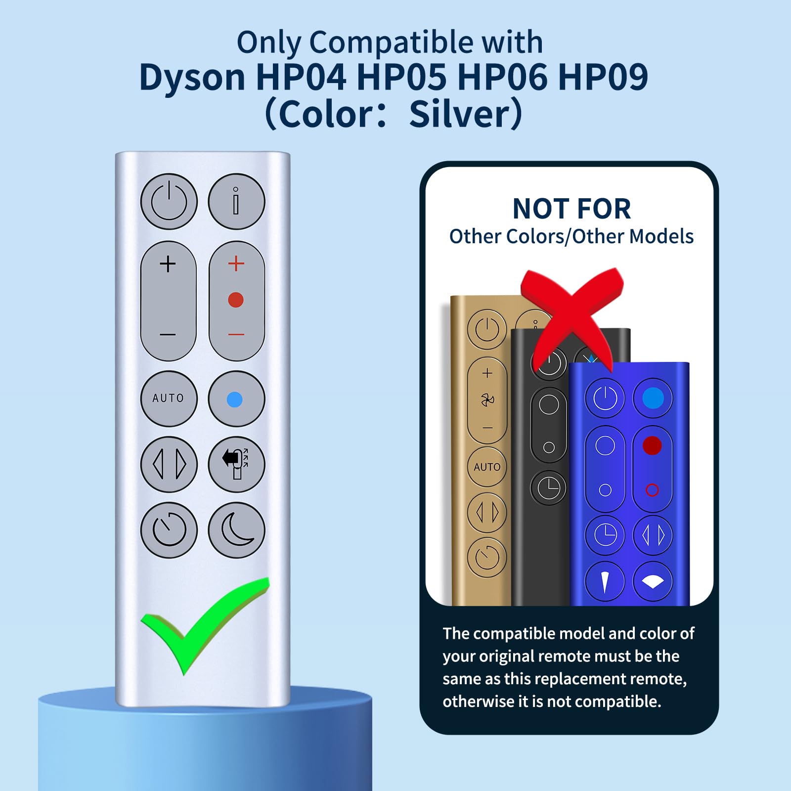 Replacement HP04 HP05 HP06 HP09 Fan Remote Control for Dyson Pure Hot + Cool Heater Fan Air Purifying/Heater（Color: Silver）